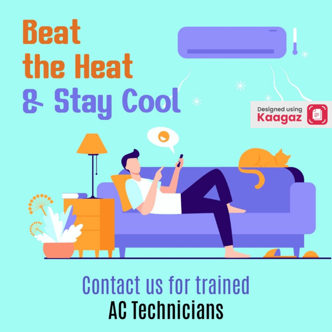 AC Technician Poster with animated ‘Beat the heat and Stay Cool’ vibrant poster with a man resting on his couch.