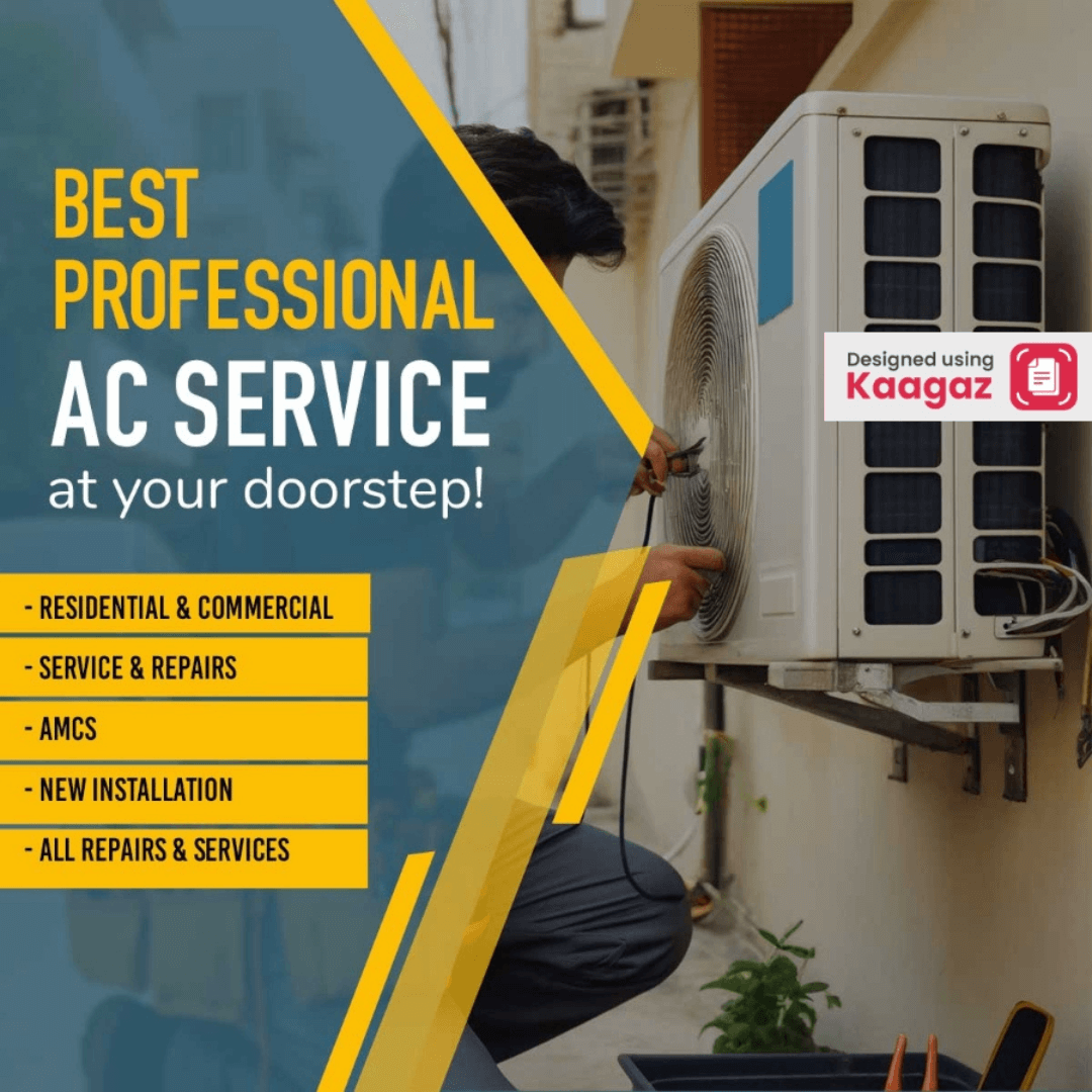 Best Professional AC Service at Your Doorstep: Blue-Yellow Theme with Image of a Man Doing AC Repair in the Background