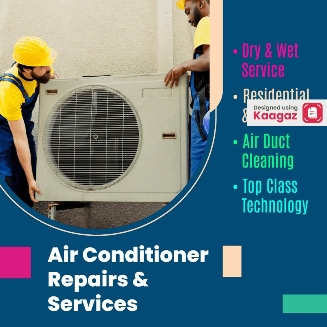 Air Conditioner Repair and Service Poster: Blue Background with Image of Men Performing AC Dry/Wet Service and Air Duct Cleaning 