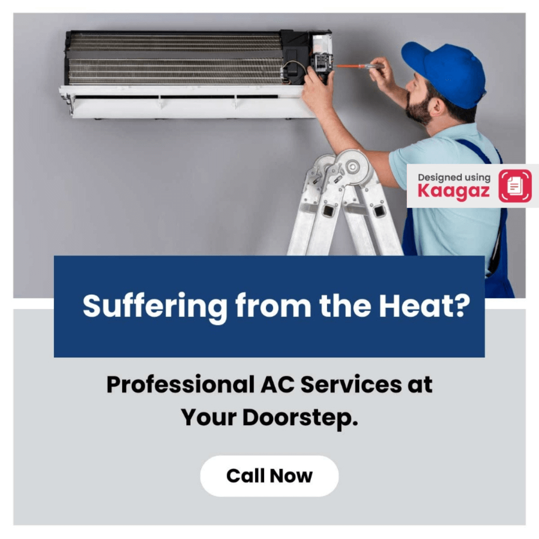 Suffering from the Heat? Professional AC Service at Your Doorstep with Man Repairing AC. Blue Grey Background.