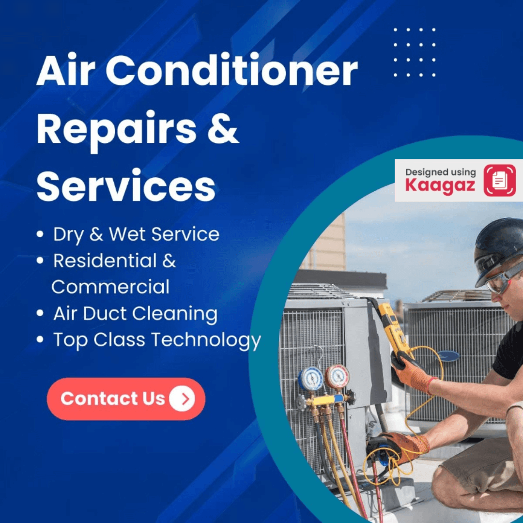 Air Conditioner Repair and Service Poster: Blue Background with Image of Man doing repairs. AC Dry/Wet Service, Air Duct Cleaning, residential and commercial, top class technology.