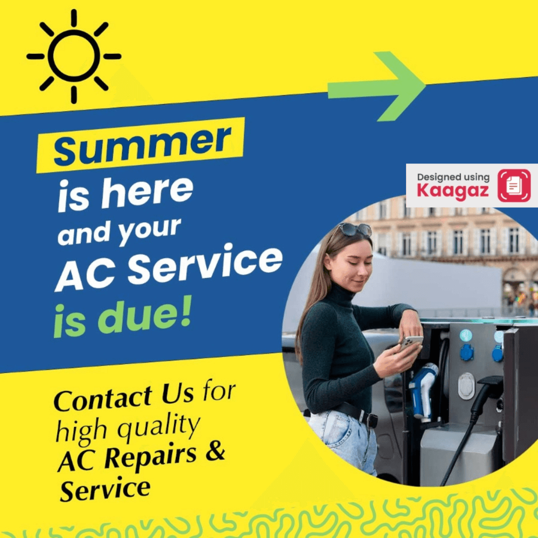 ‘summer is here and your ac service is due!’ poster with a blue yellow background and image of a woman checking repairs. green symbols.