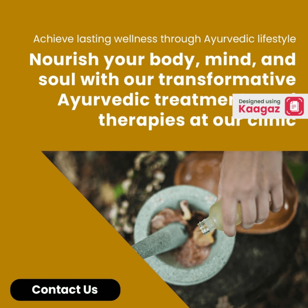 Mustard poster promoting lasting wellness through Ayurvedic lifestyle, featuring images of Ayurvedic herbs being prepared