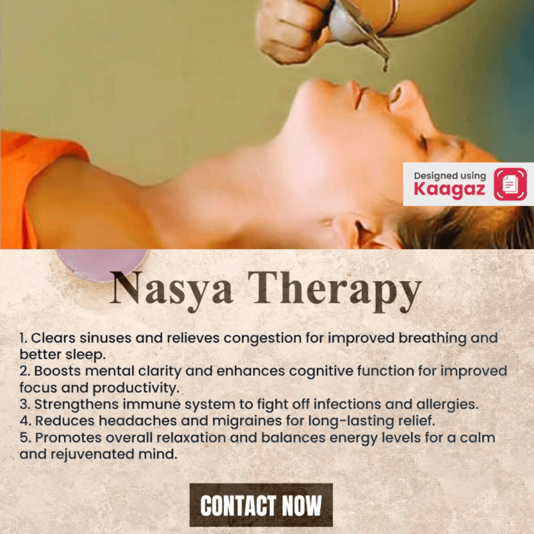 Beige and brown themed image showing a person performing Nasya therapy on a patient, highlighting the benefits of Nasya therapy