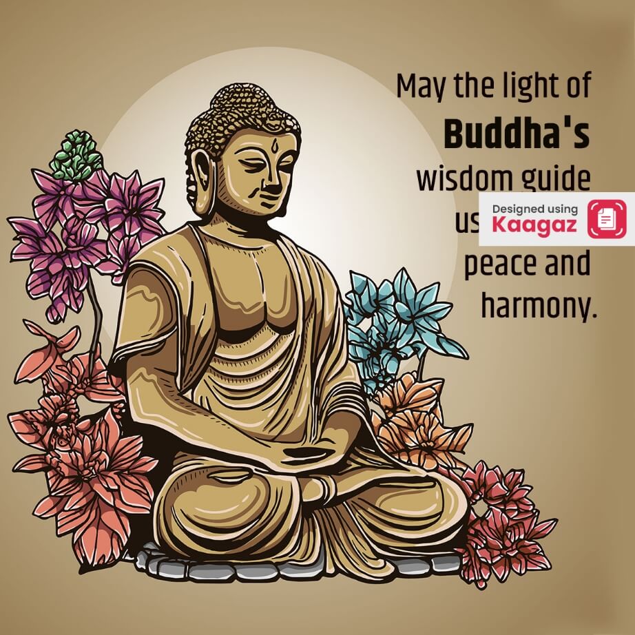 Buddha Meditating with Light Brown Background and Colorful Flowers. May Buddha's wisdom guide us with peace and harmony. 