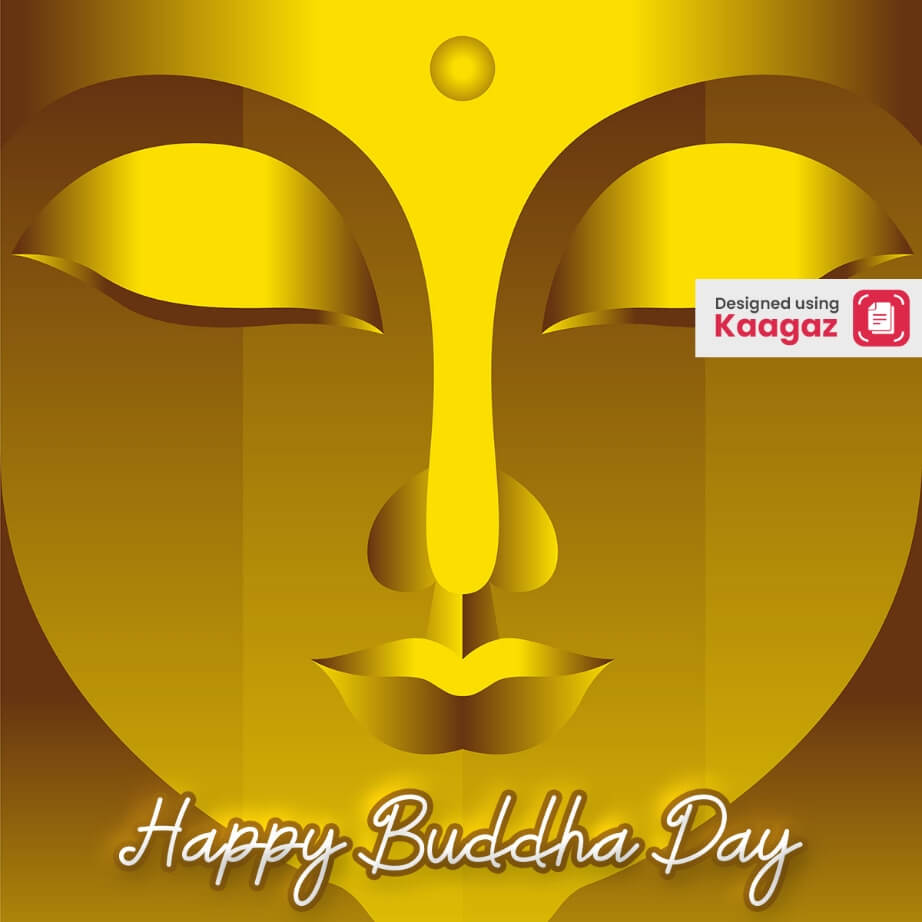 Poster of Buddha's Face with Golden Background and Calm Expression. Happy Buddha Day. 