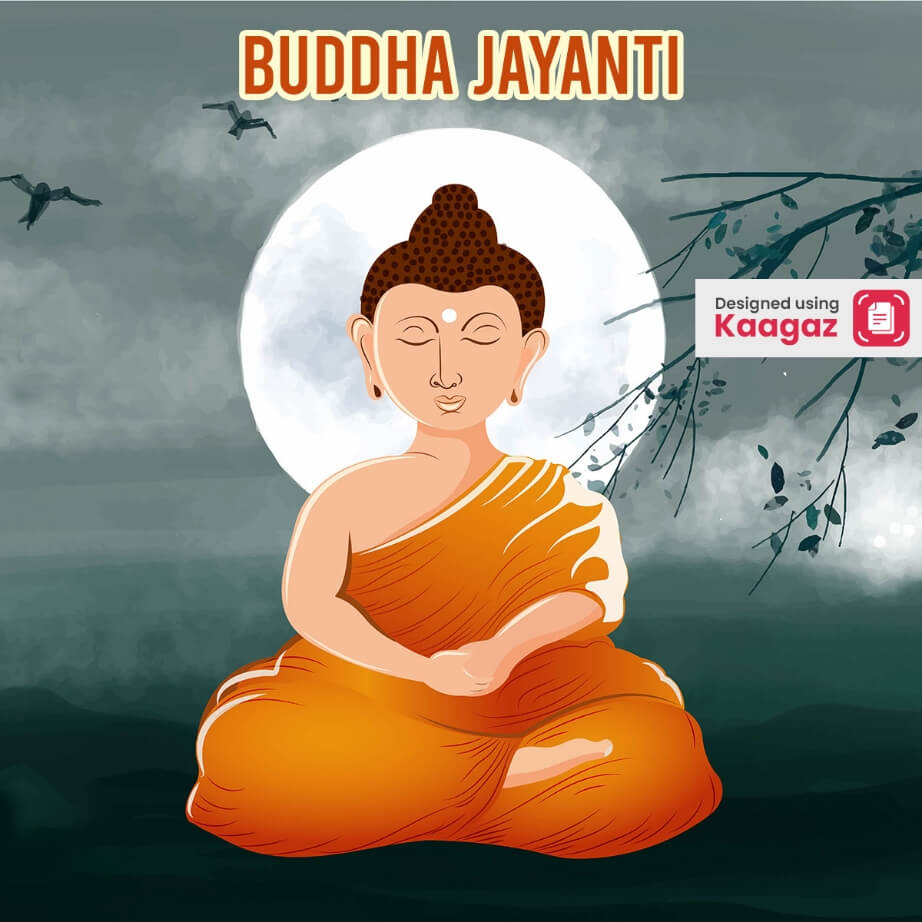 High Contrast Buddha Jayanti Poster with Cartoon Buddha Illustration Meditating Under Moonlight with Dark Background 