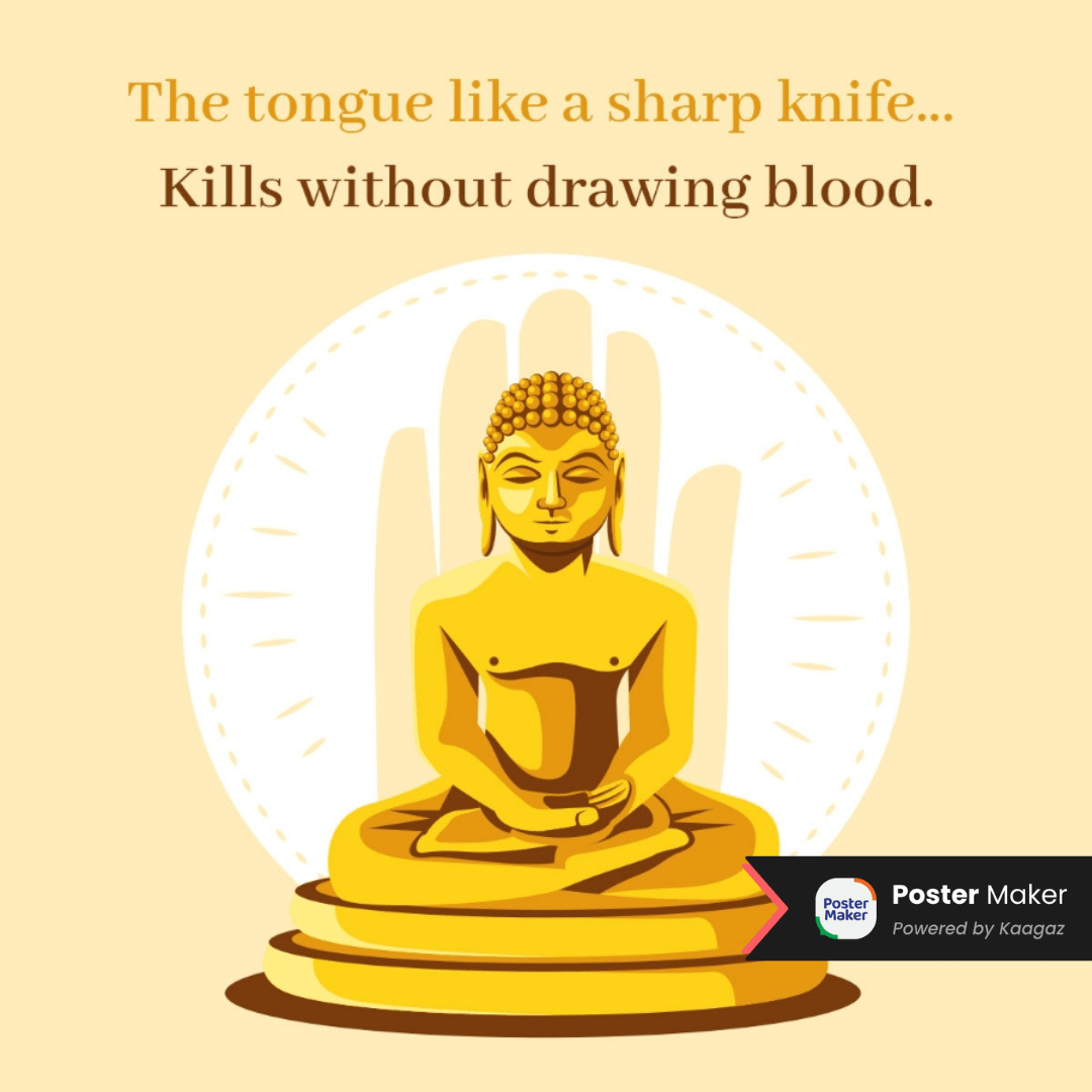 Buddha Teachings Poster with a Golden Statue of Seated Buddha on Beige Background. 'The Tongue is Like a Sharp Knife, Kills Without Drawing Blood’