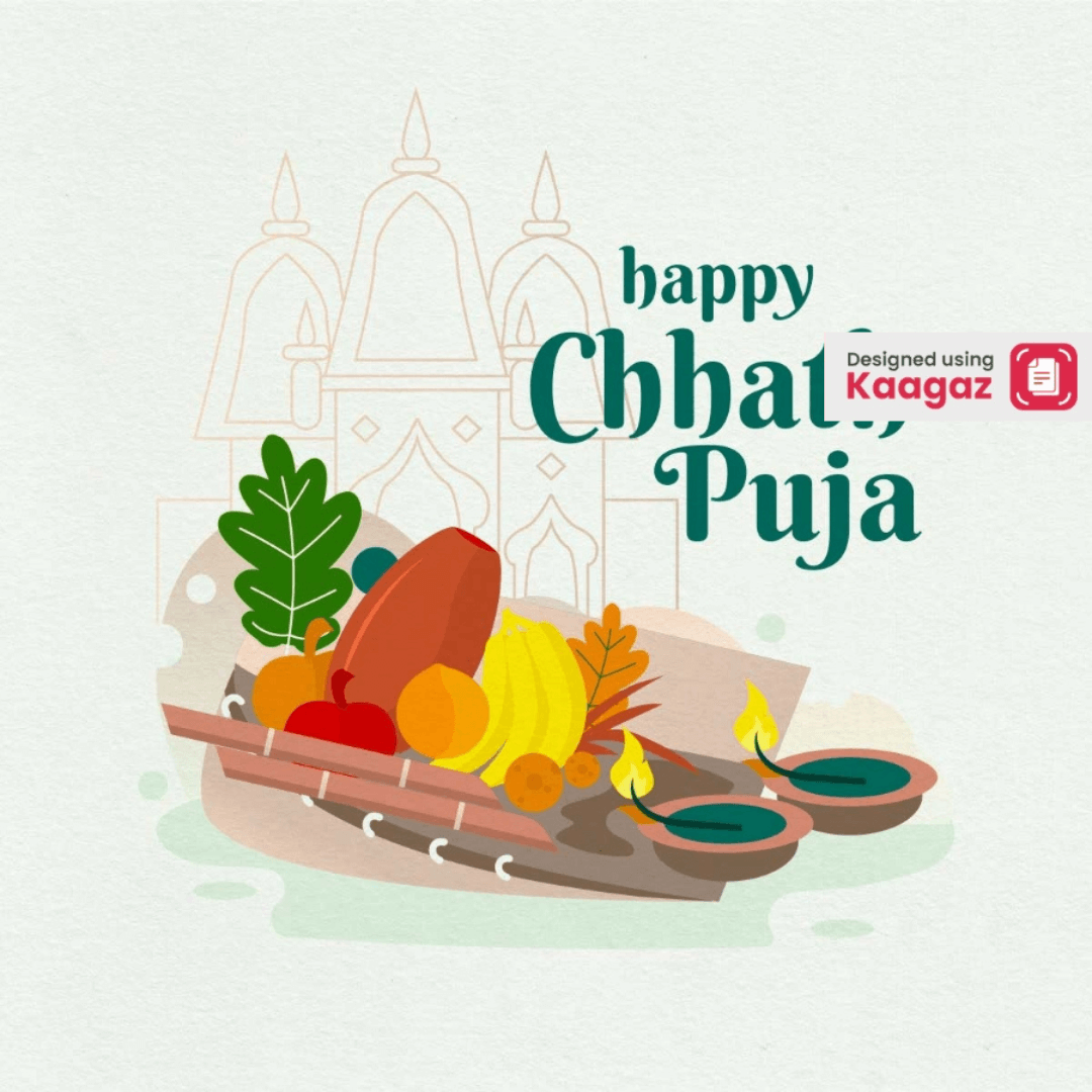 Happy Chhath Puja poster with a tray of fruits and vegetables, two Diyas and flutes. 