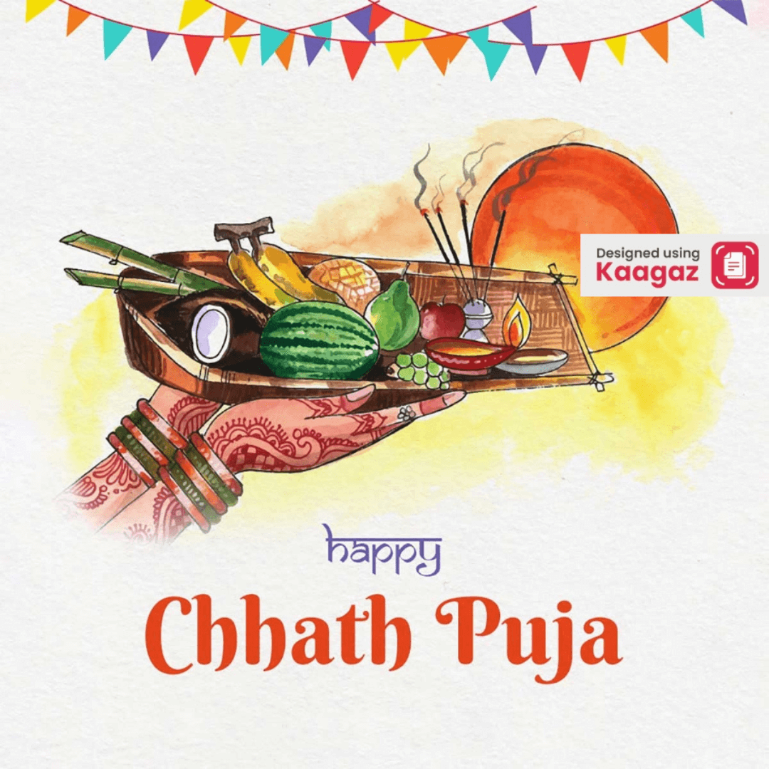 Happy Chhath Puja poster with a hand holding a tray with fruits and a Diya, offering prayers to the sun. 