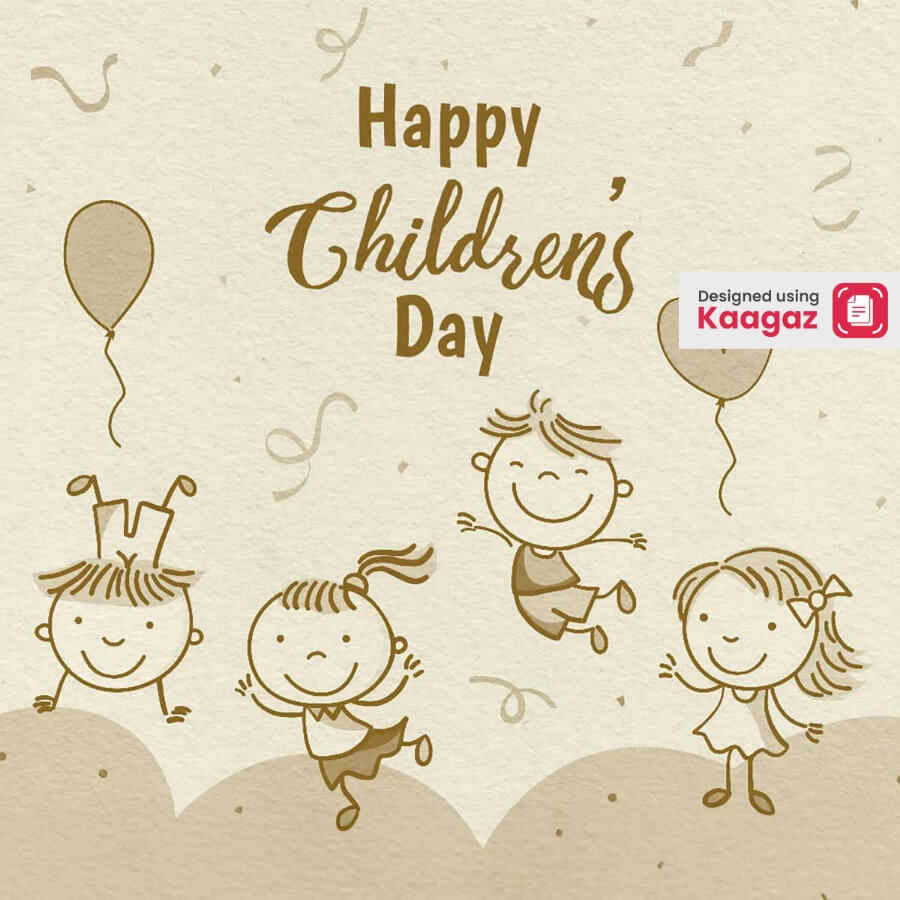 Poster featuring children jumping and dancing with balloons floating in the background, capturing the joy of Children's Day