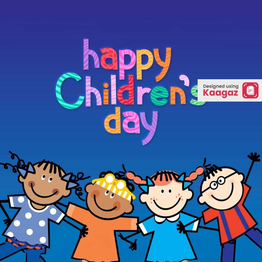 Children’s Day poster featuring a sketch of three children smiling against a dark blue background 