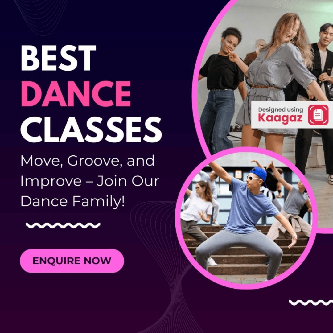 Magenta, pink, white, dark blue dance class poster featuring images of people dancing, promoting 'Move, Groove, and Improve'