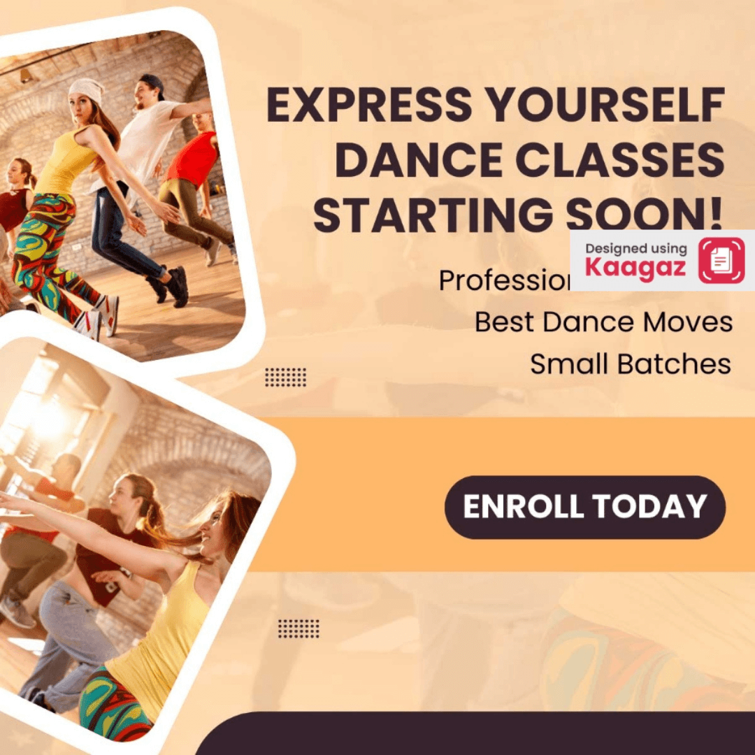 Orange, beige, brown theme dance classes starting soon poster with images of people dancing, enroll today