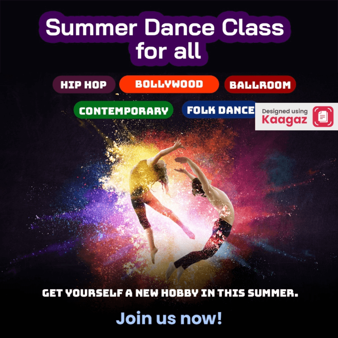 Dark blue poster with rainbow sparkles, featuring a summer dance classes for all showcasing Bollywood, Hip-hop, folk dance, contemporary, and ballroom styles, with two kids flying.