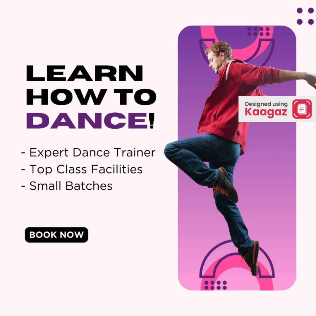 Purple-themed 'Learn How to Dance' poster featuring a man doing hip hop with fun and vibrant colors.