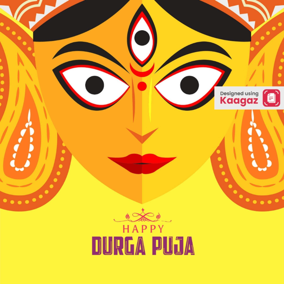 Happy Durga Puja poster featuring Durga Ma’s face with an open third eye, in a yellow-orange theme.