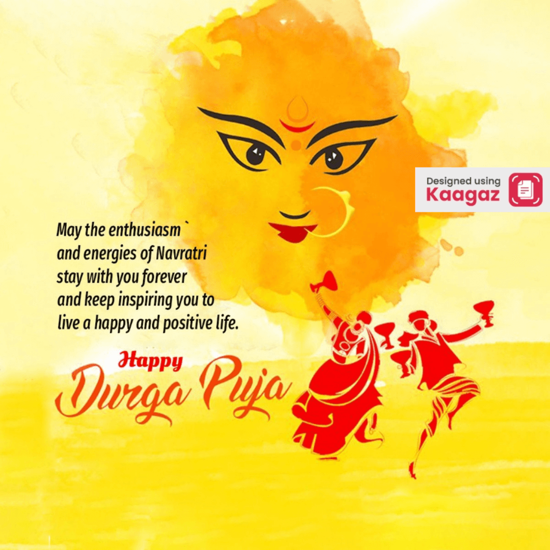 Happy Durga Puja poster with Maa Durga's face, festive greetings, and people dancing against a yellow background.