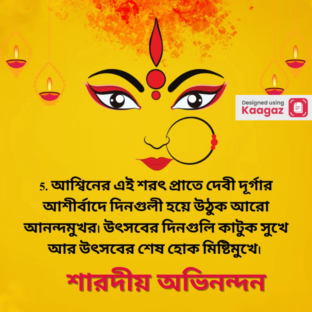 Happy Durga Puja poster in Bengali with a yellow background, Maa Durga's face and diyas. শুভ দুর্গা পূজা 