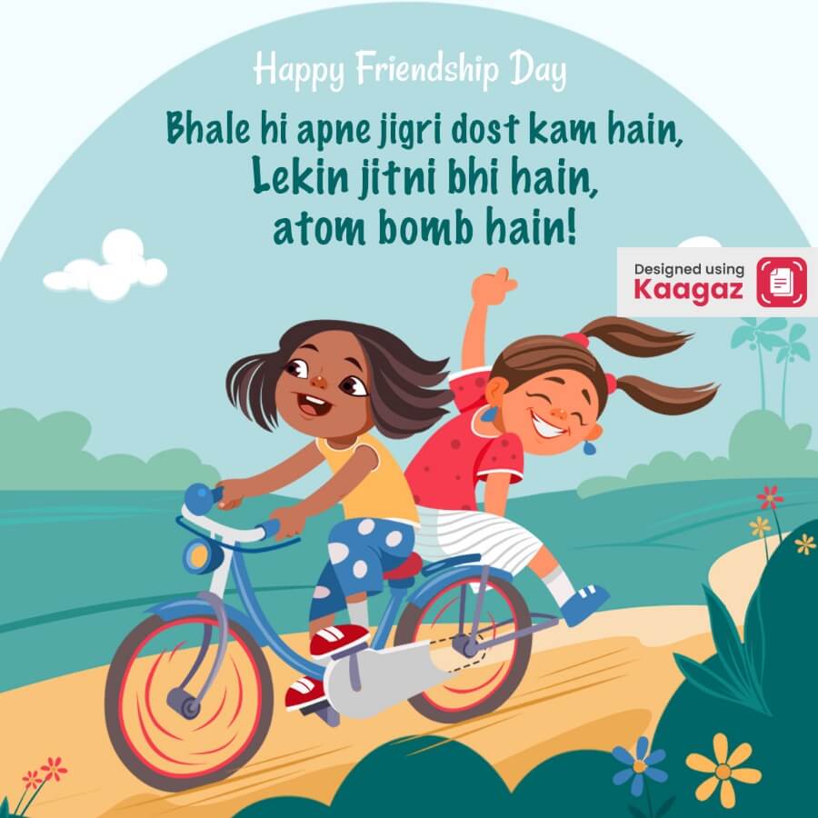 Two friends are riding a bicycle with joy on a sunny day. The image is a celebration of friendship with a humorous caption in Hindi. 