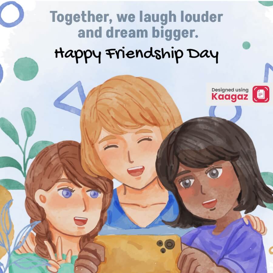 The image is a cute cartoon illustration of three female friends. They are all smiling and looking at a phone