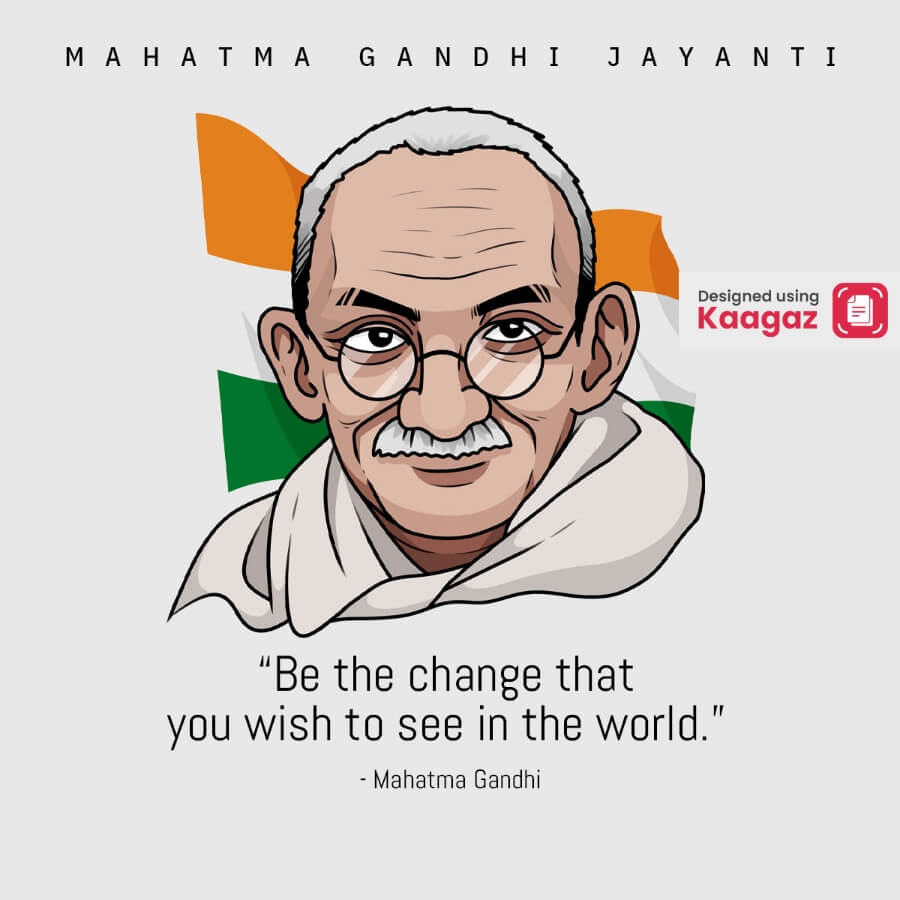 Gandhi Jayanti poster with an animated depiction of Gandhi Ji's face in front of the Indian flag.