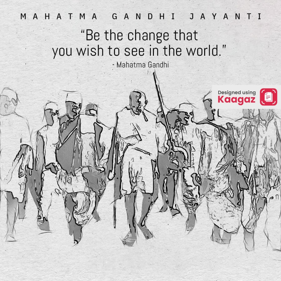 Gandhi Jayanti poster expresses Dandi march and Gandhi ji leading it against a grey background