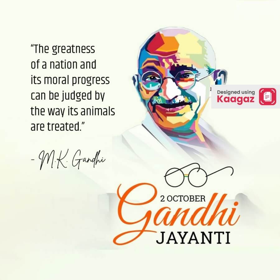 Gandhi Jayanti poster with a quote by Mahatma Gandhi on the greatness of a nation.