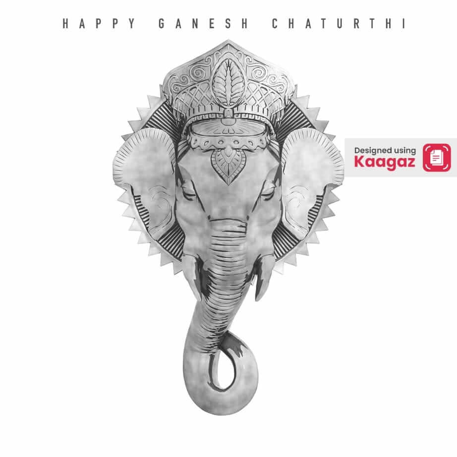  a poster of Ganesha's face painted in grey colour against a white background 