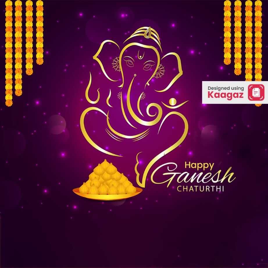 Golden line art of Lord Ganesha on a purple background with bokeh, garlands of marigolds on both side 