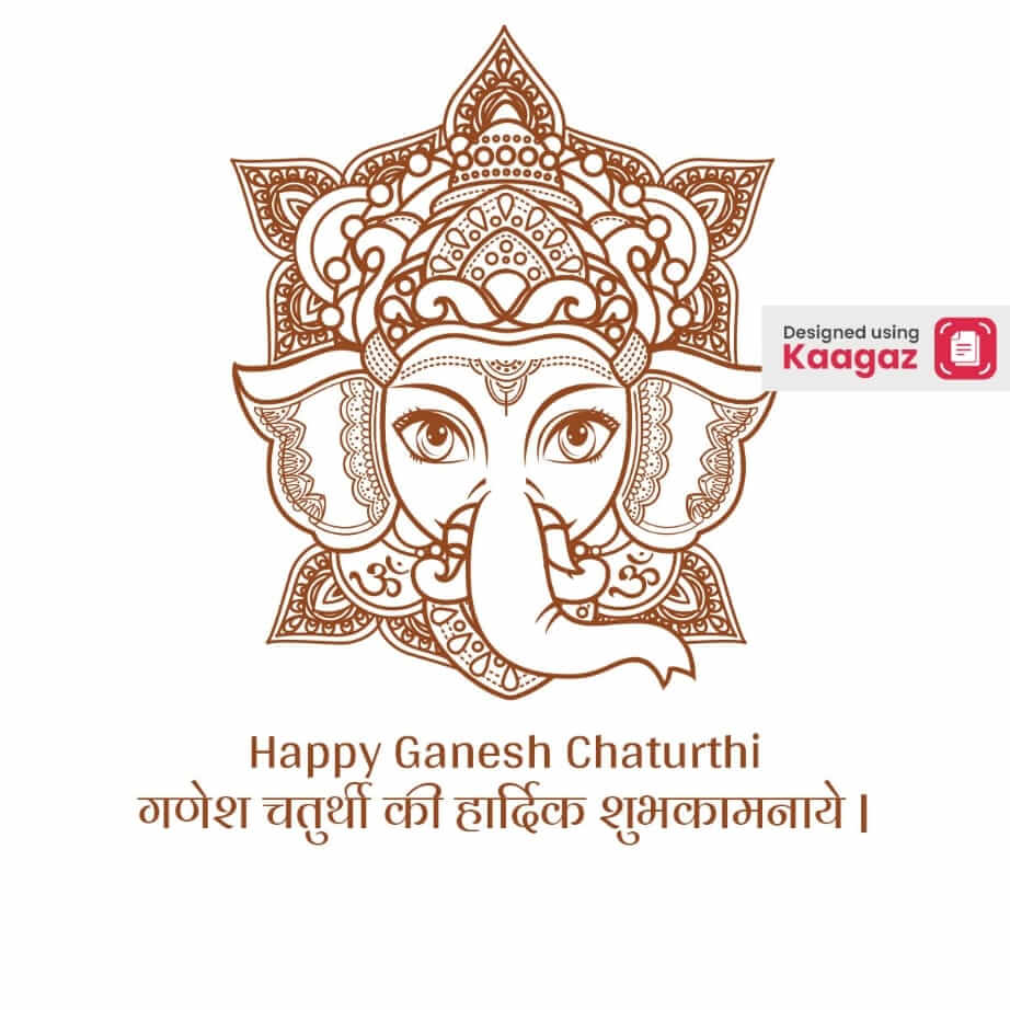  Brown and white poster of Ganesha featuring a line drawing of Ganesha. Happy Ganesh Chaturthi, गणेश चतुर्थी की शुभकामनाएं  