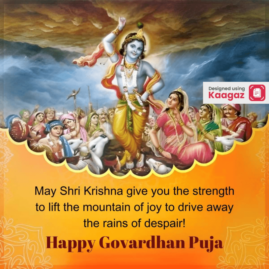 Happy Govardhan Pooja poster of Shri Krishna lifting Govardhan Hill, while the villagers and animals worship in the background.