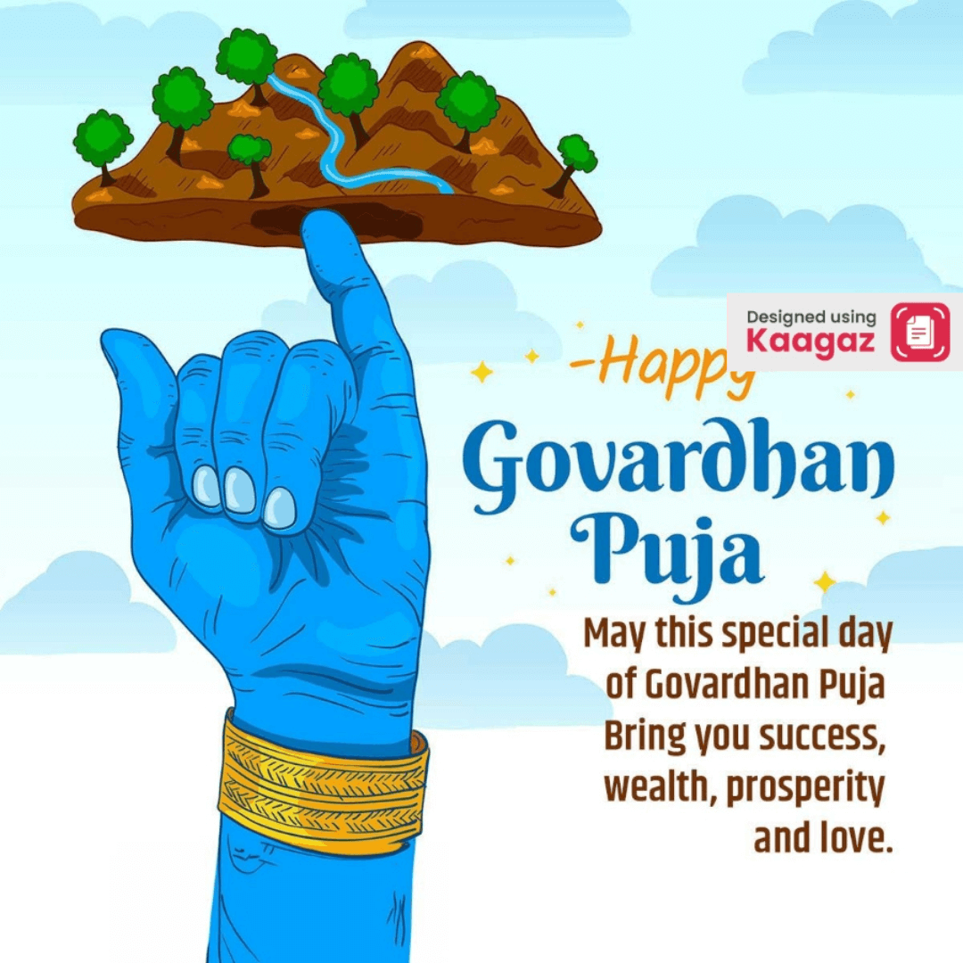 Happy Govardhan Puja poster of Shri Krishna lifting Govardhan with his little finger in front of a blue sky with clouds.