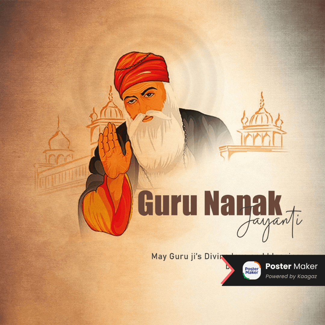 Happy Guru Nanak Jayanti poster with an artistic representation of Guru Nanak Dev Ji, depicted with a white beard and red turban.