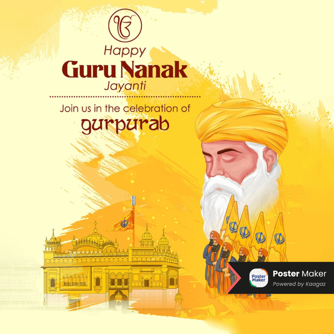 Happy Guru Nanak Jayanti poster with Guru Nanak Dev Ji and Golden Temple against a warm yellow background.