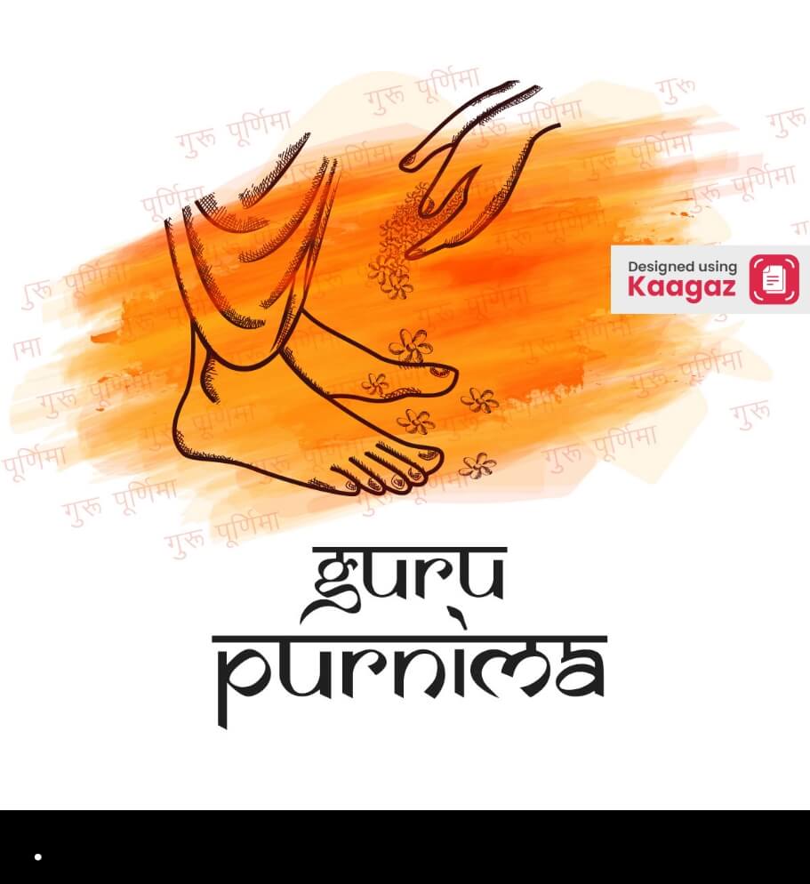  Happy Guru Purnima Poster in Orange and White, student placing flowers at Guru’s feet 