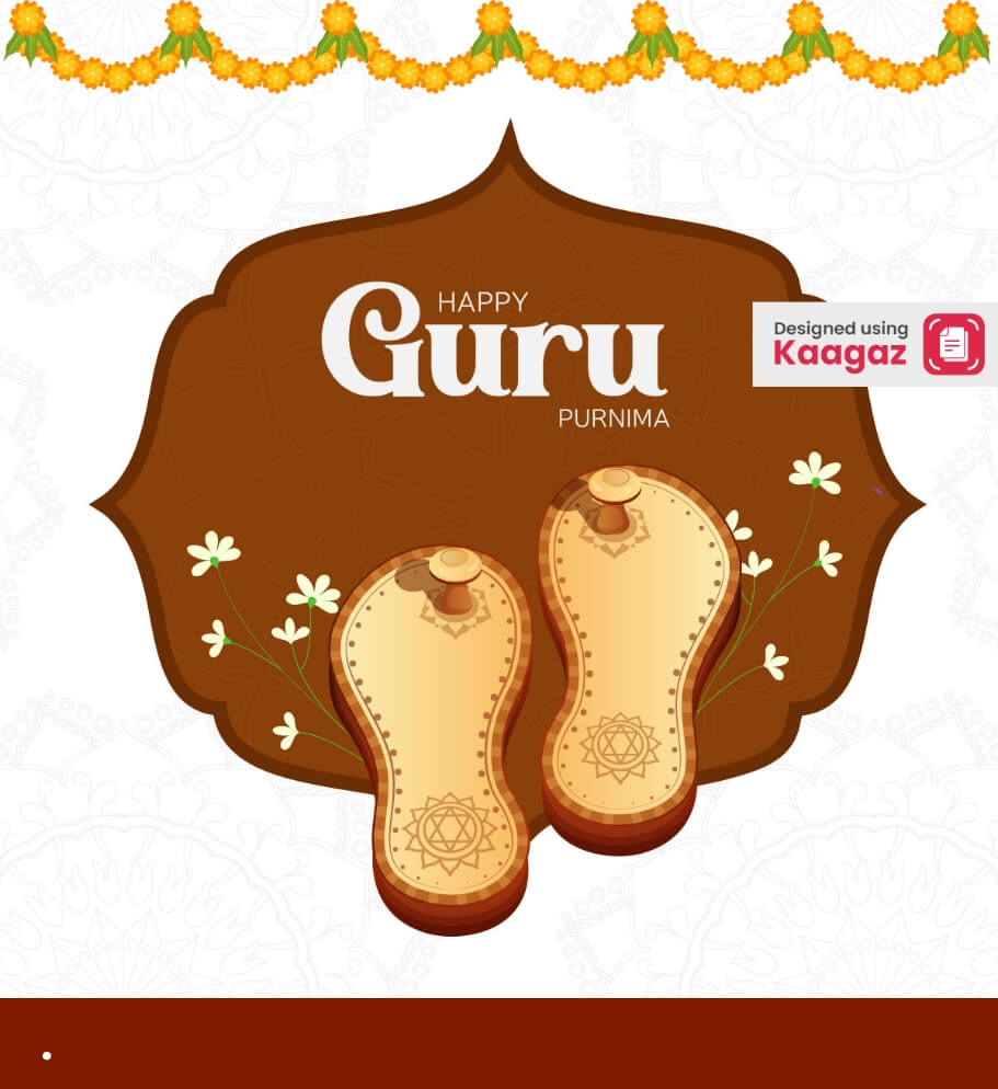  Brown and white background with yellow flowers; Happy Guru Purnima Poster: Traditional Guru's Footwear Tribute 