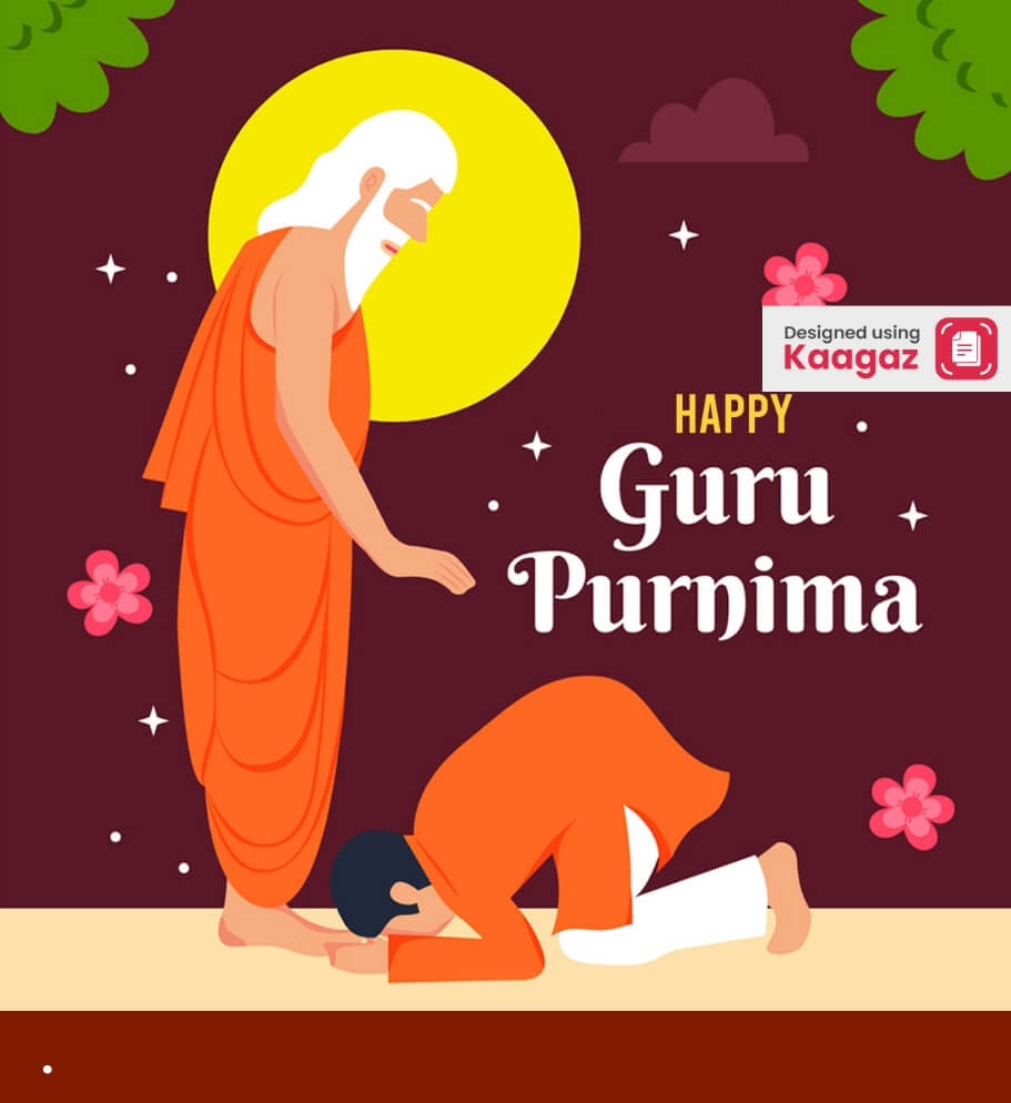 Happy Guru Purnima Poster with Guru Blessing a Devoted Student on a Red Background