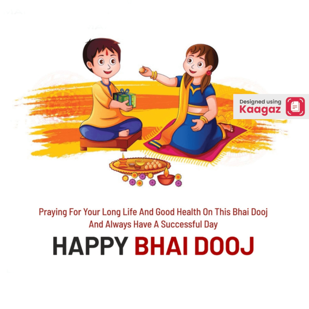  Happy Bhai Dooj poster showing a hand applying tikka on a yellow background. 'Brothers are playmates and best friends for life.' 