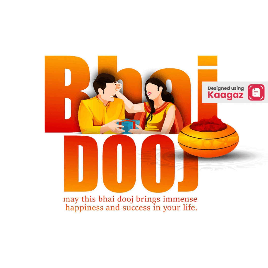 Happy Bhai Dooj poster featuring a brother receiving a gift from his sister as she applies tikka on his forehead, celebrating the occasion.