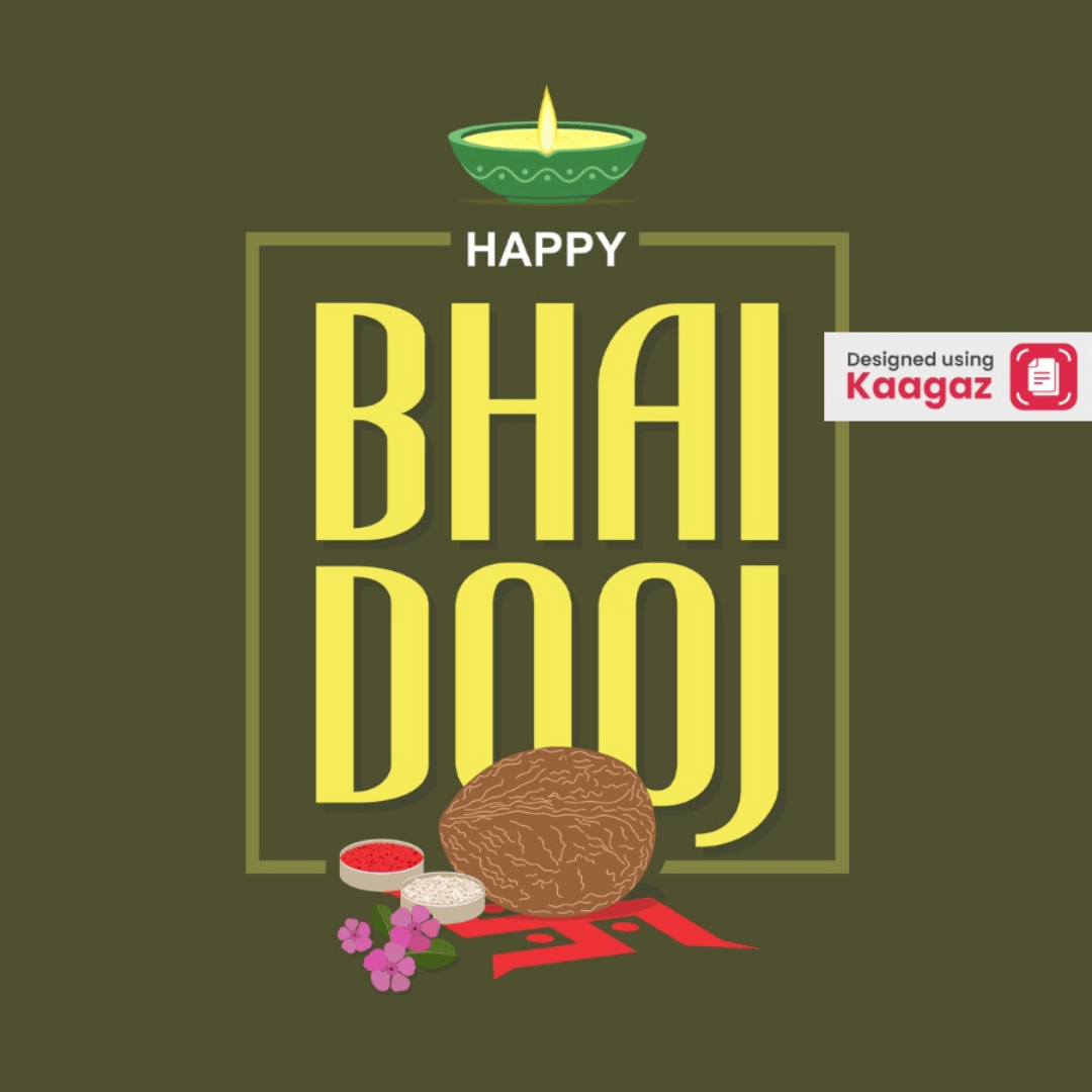 Happy Bhai Dooj poster featuring a coconut, diya, and pooja materials against an olive background. 