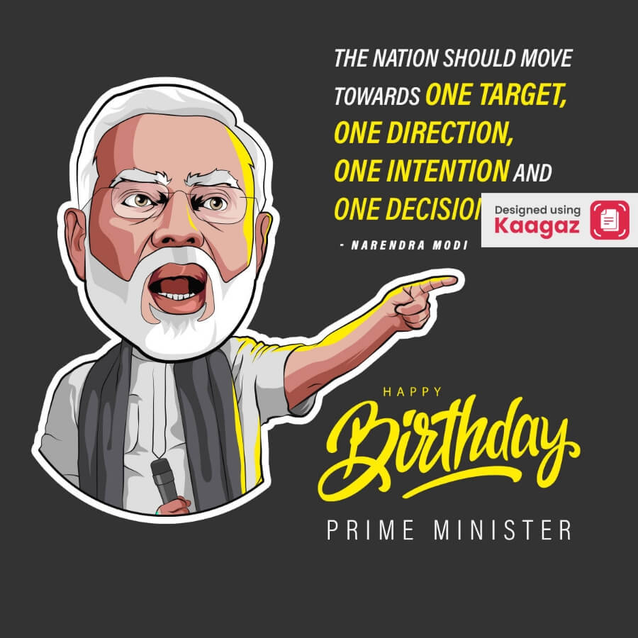  Cartoon poster of Narendra Modi addressing 'Nation should move towards one target, one direction, one intention, one decision'. 