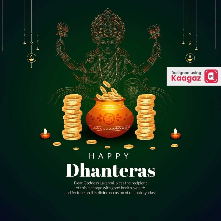 Dark green background with matka filled with coins and diyas, featuring Happy Dhanteras poster with Goddess Lakshmi in the background.