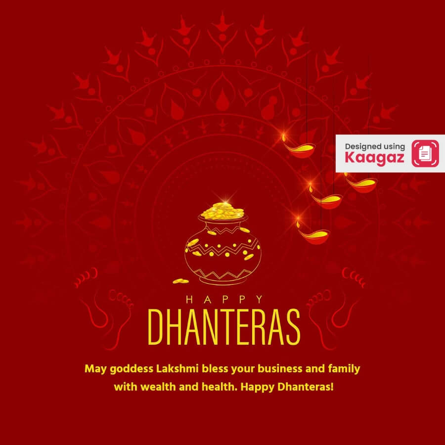 Happy Dhanteras poster with maroon background, coins and footprints, Goddess Lakshmi blessing family with health and wealth 