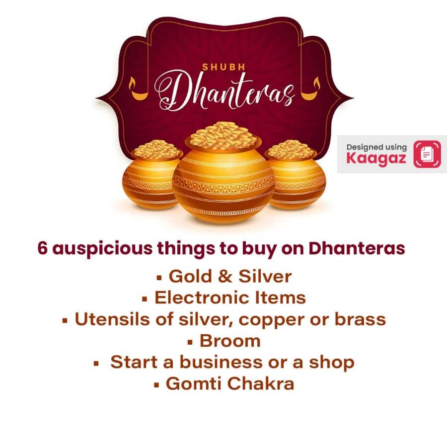 Shubh Dhanteras poster with auspicious shopping list and matkas filled with dhan/coins