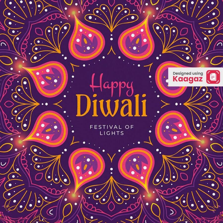 Happy Diwali festival of lights poster with vibrant colors, purple background, and traditional Diwali symbols.