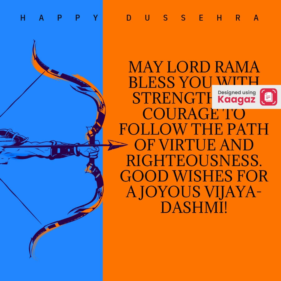 the poster of a bow with orange and and blue background. Happy Dussehra