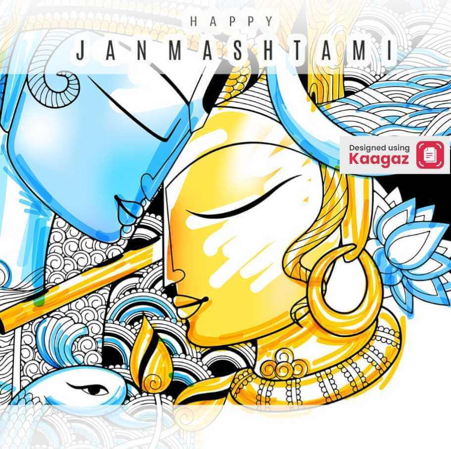  Line art poster sketch of Krishna in blue and Radha in gold, Happy Janmashtami