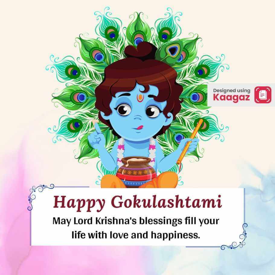  Little Krishna Gokulashtami Poster: Mischievous Expression, Flute, Peacock Feathers 