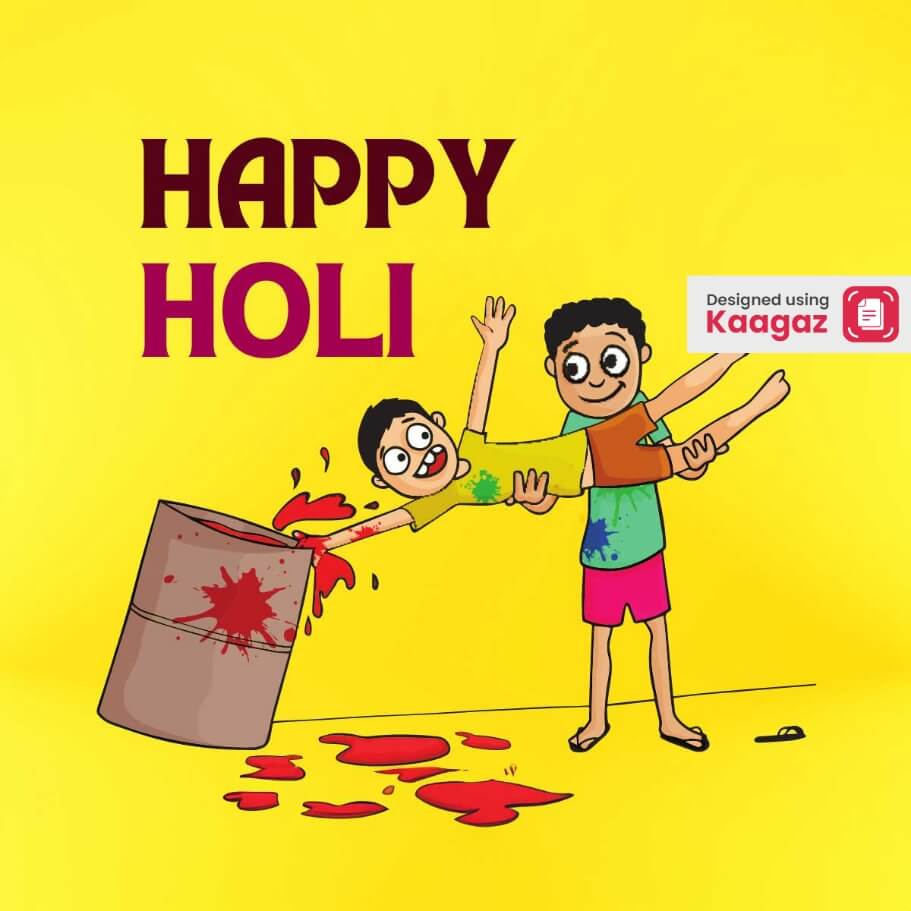 Happy Holi Poster with a sketch of older brother putting younger brother in a drum of Holi colours.